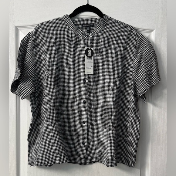 Eileen Fisher Puckered Organic Linen Gingham Mandarin Collar Short Sleeve Top - Picture 5 of 13